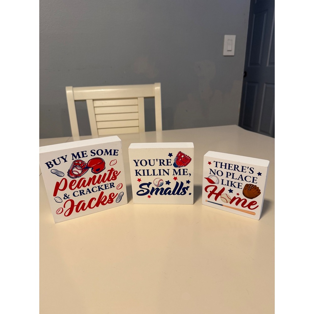 Baseball Wood‎ Block Sign Set 3pc Kids Room Decor Peanuts Cracker Jacks Smalls